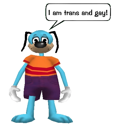 Flippy from Disney's Toontown Online proudly saying 'I am trans and gay!'
